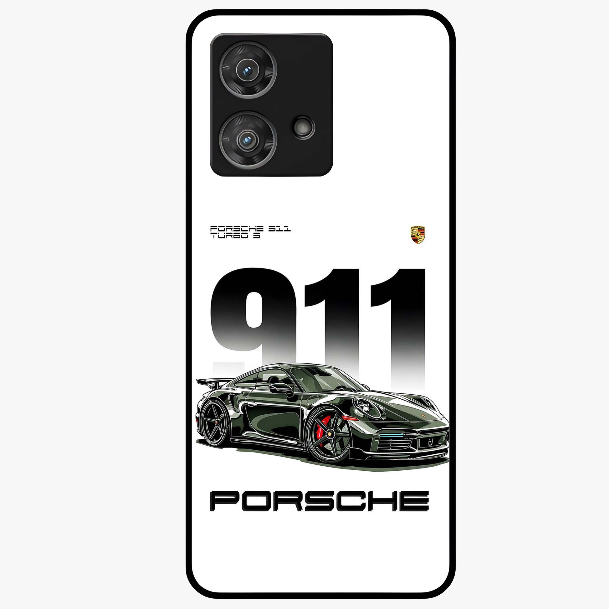 911 Turbo Dominance Glass Case showing clean flat back view with bold 911 sports car artwork and glossy glass finish.
