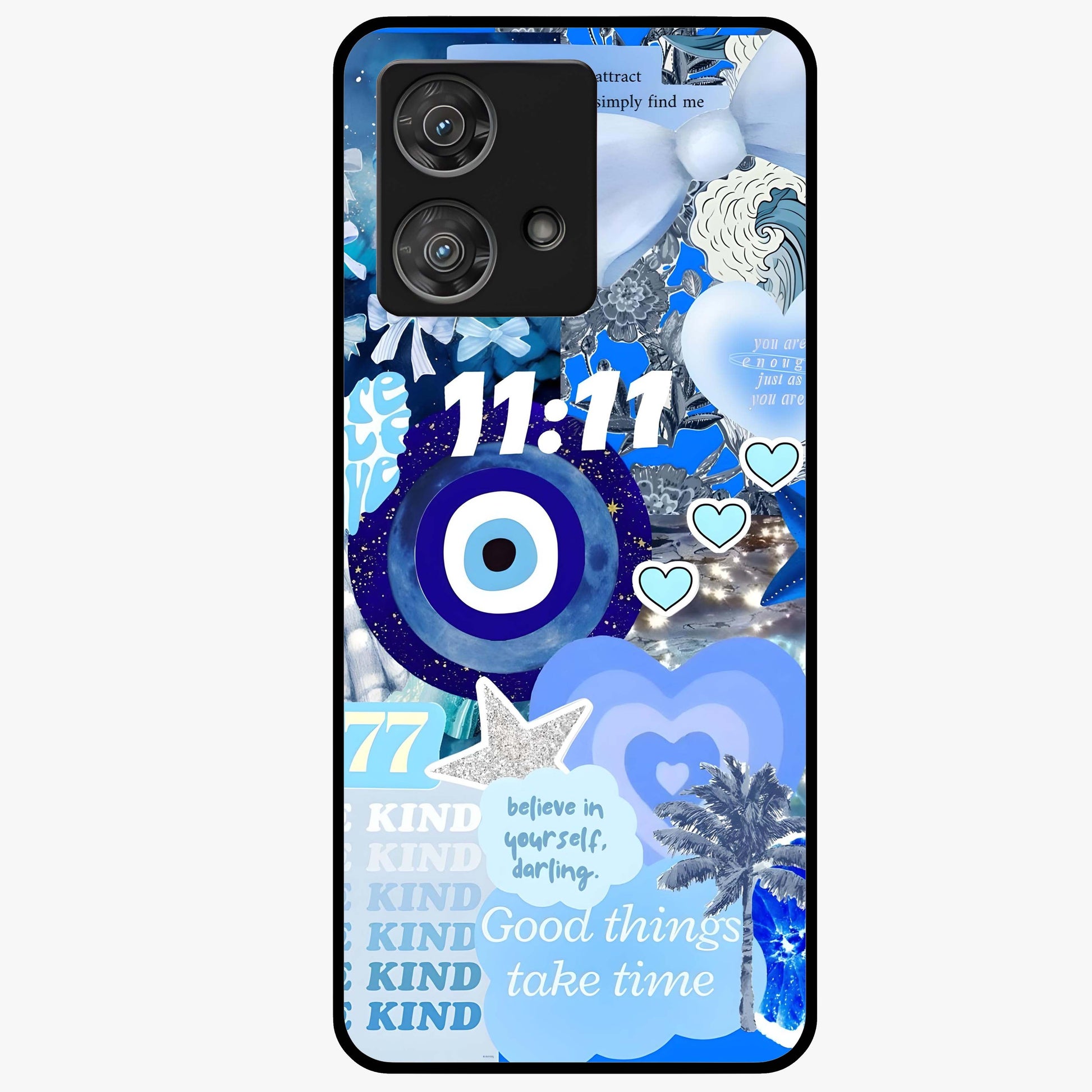Aesthetic Be Kind Eye Glass Case showing flat back view with motivational eye artwork and glossy glass finish.