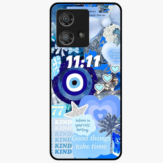 Aesthetic Be Kind Eye Glass Case showing flat back view with motivational eye artwork and glossy glass finish.