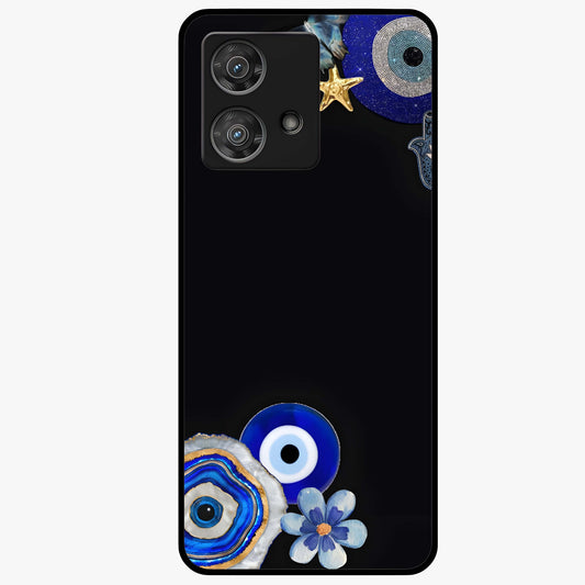 Aesthetic Blue Evil Eye Glass Case showing flat back view with protective evil eye artwork and glossy glass finish.