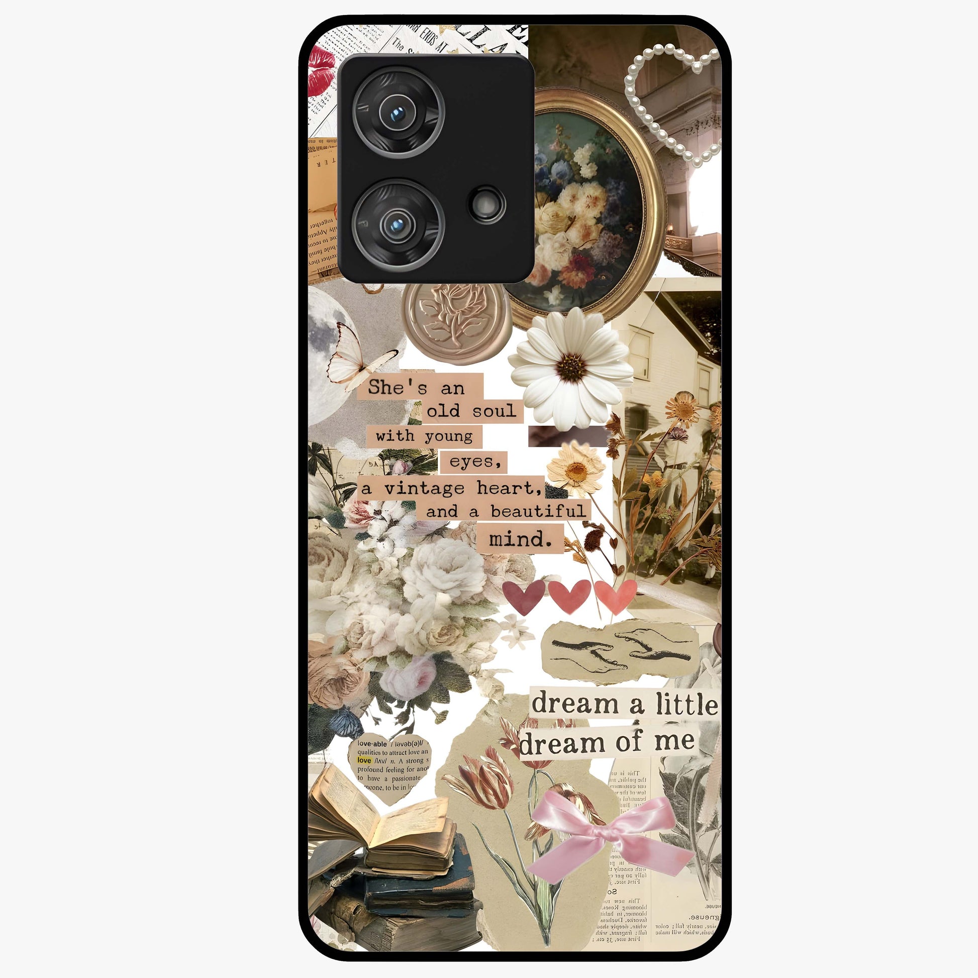 Aesthetic Brown Vintage Collage Glass Case showing flat back view with retro collage artwork and glossy glass finish.