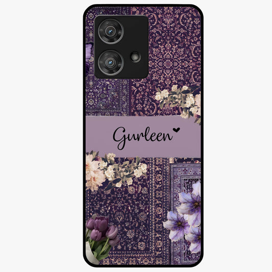 Antique Floral Whisper Custom Name Glass Case showing flat back view with vintage floral artwork and personalized name design.