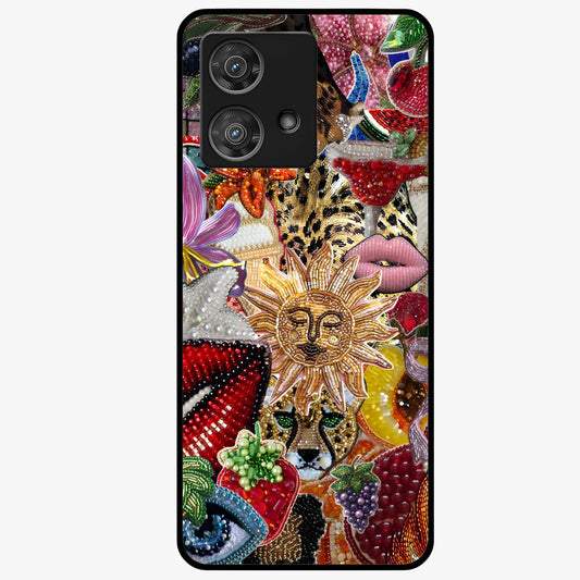 Beaded Fashion Jungle Glass Case showing flat back view with vibrant jungle inspired bead artwork and glossy glass finish.