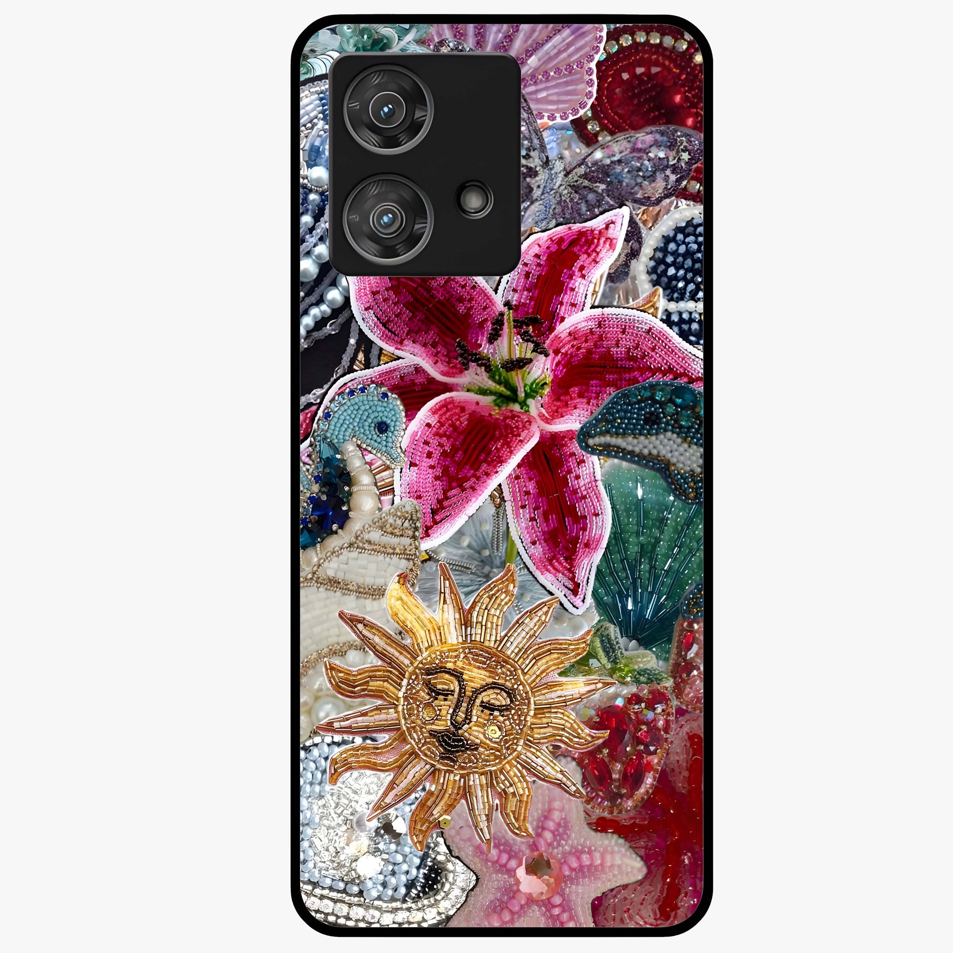 Beaded Garden Fantasy Glass Case showing flat back view with dreamy garden bead artwork and glossy glass finish.