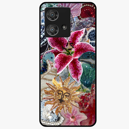 Beaded Garden Fantasy Glass Case showing flat back view with dreamy garden bead artwork and glossy glass finish.