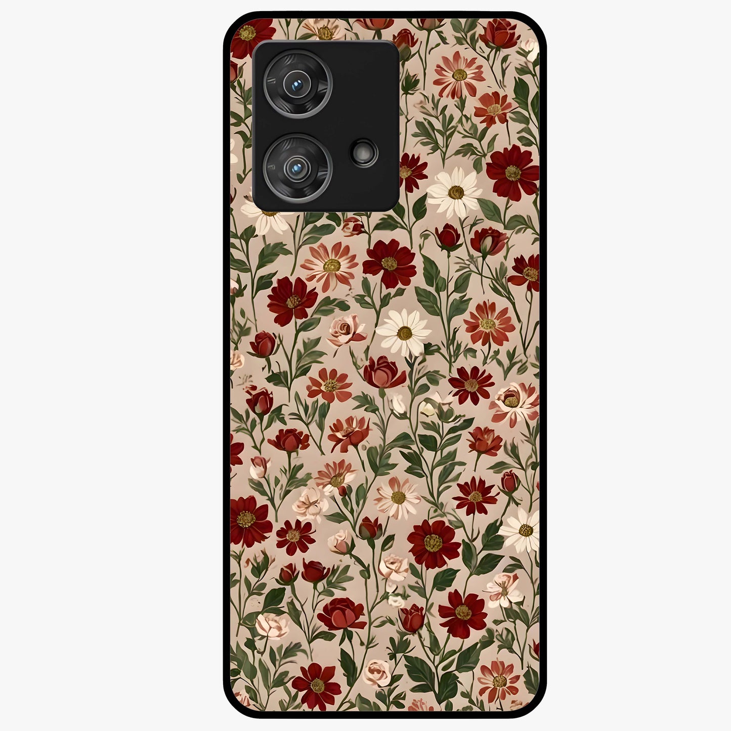 Biege Flower With Leaf Glass Case showing flat back view with soft beige floral artwork and glossy glass finish.