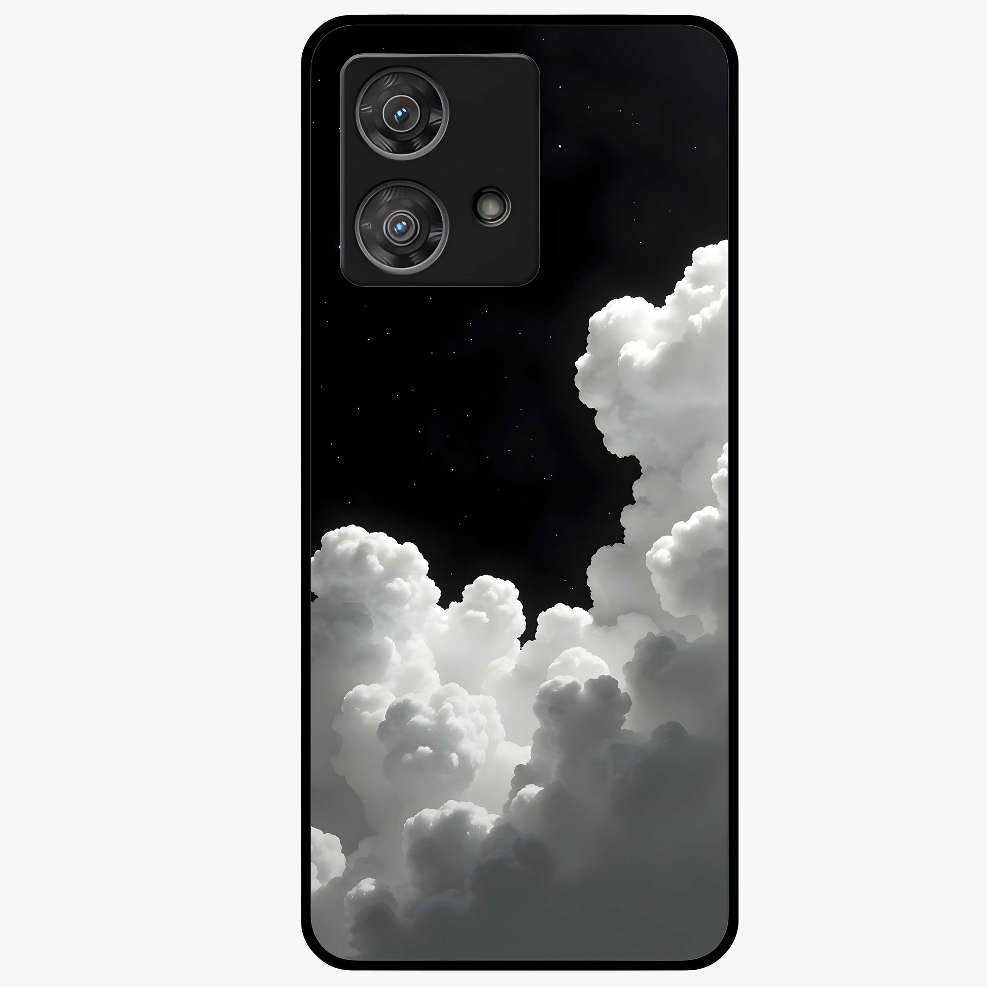 Black Background With White Cloud Glass Case showing flat back view with minimal cloud artwork on dark background and glossy glass finish.
