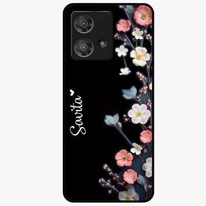 Black Elegance Floral Custom Name Glass Case showing flat back view with elegant floral artwork and personalized name design.