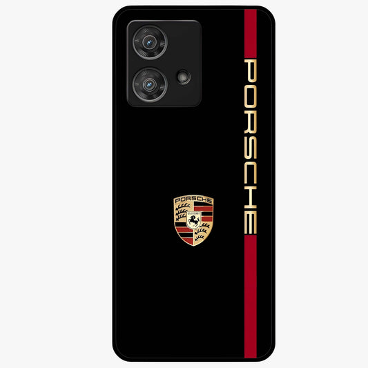Black Minimal Porsche Glass Case showing flat back view with sleek minimal sports car artwork and glossy glass finish.