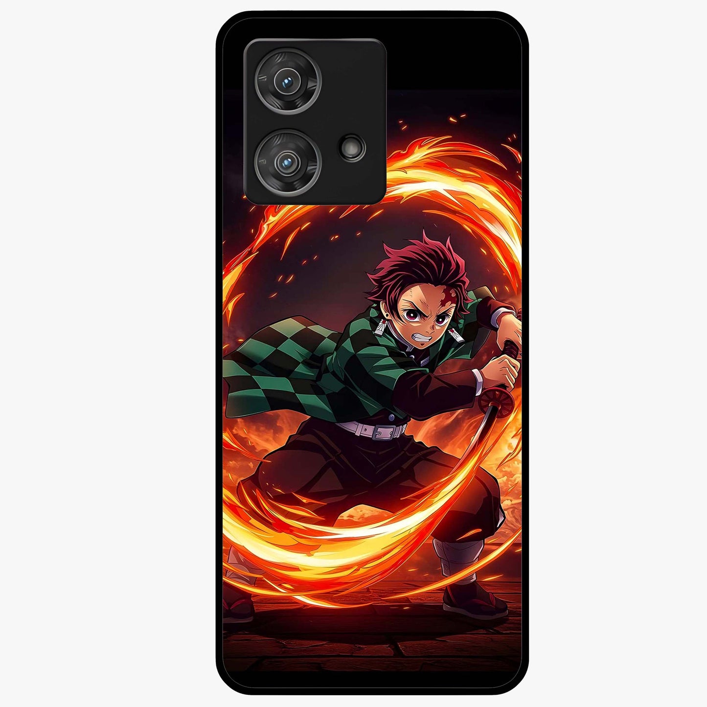 Blazing Sword Resolve Glass Case showing flat back view with fiery sword artwork and glossy glass finish.