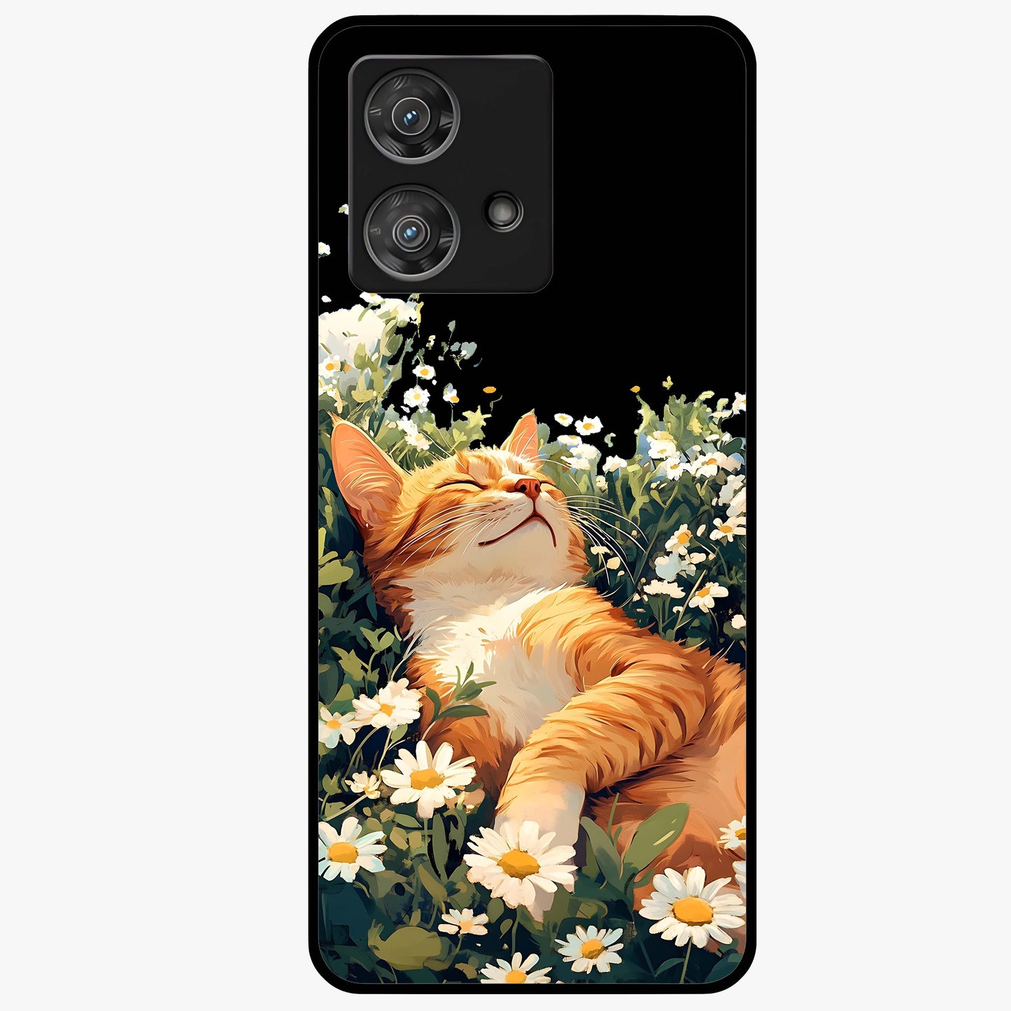 Blissful Bloom Cat Glass Case showing flat back view with cute cat and floral bloom artwork and glossy glass finish.