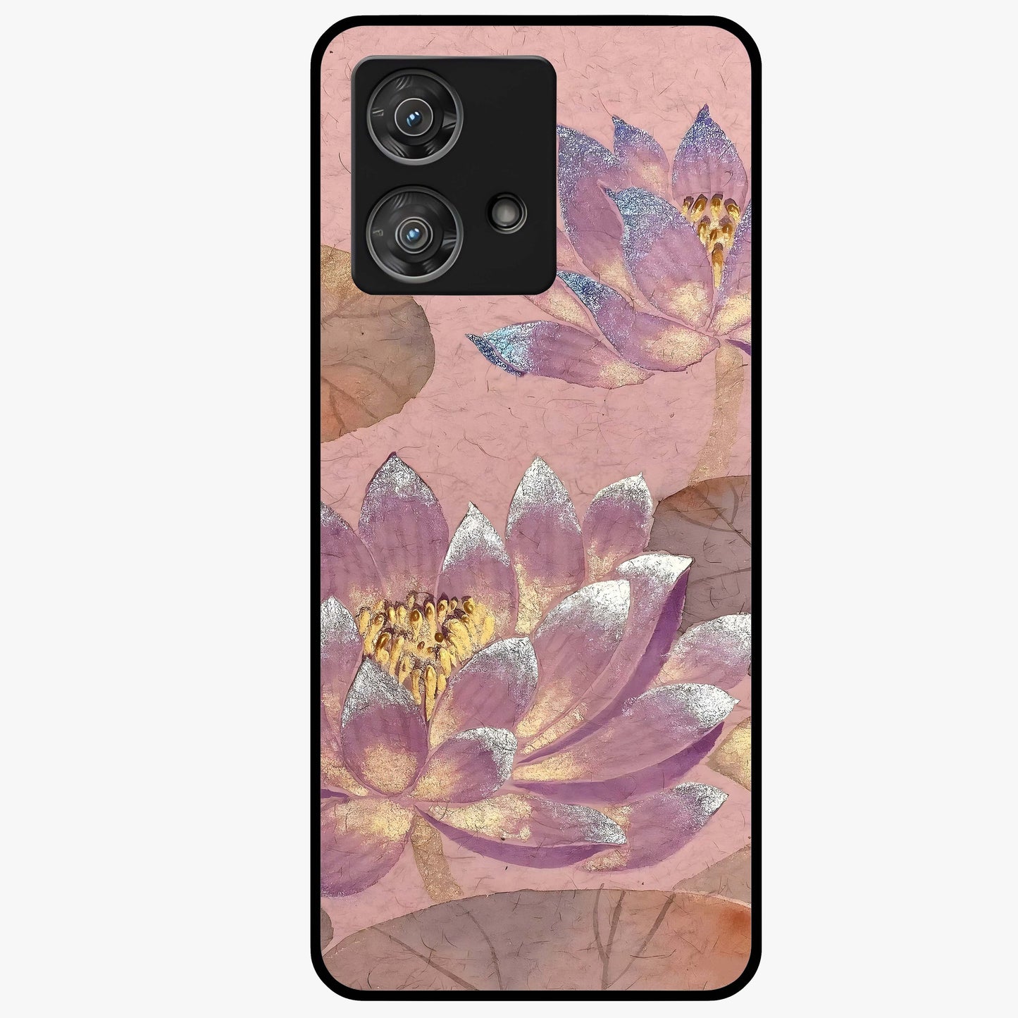 Blossom Mist Lotus Glass Case showing flat back view with serene lotus blossom artwork and glossy glass finish.