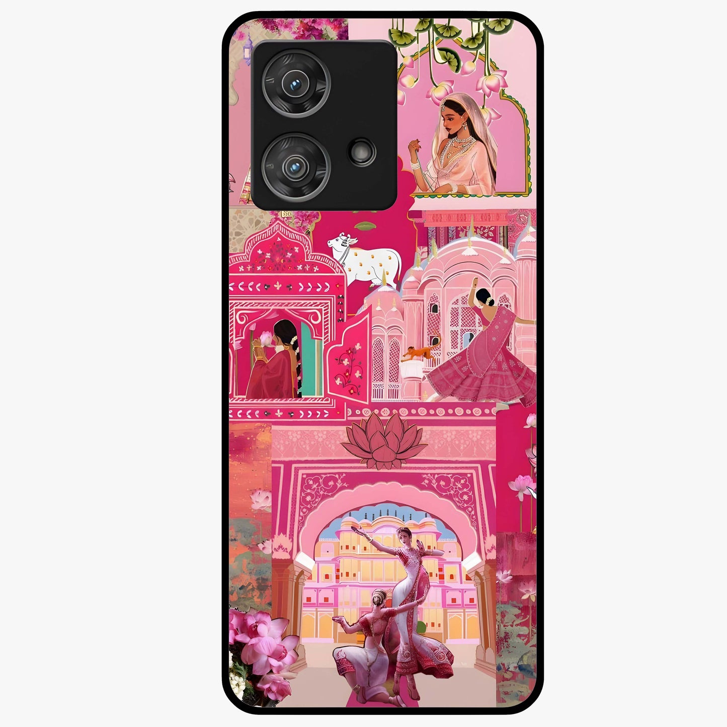 Blossoms of Rajasthan Glass Case showing flat back view with traditional floral artwork inspired by Rajasthan and glossy glass finish.