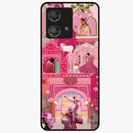 Blossoms of Rajasthan Glass Case showing flat back view with traditional floral artwork inspired by Rajasthan and glossy glass finish.