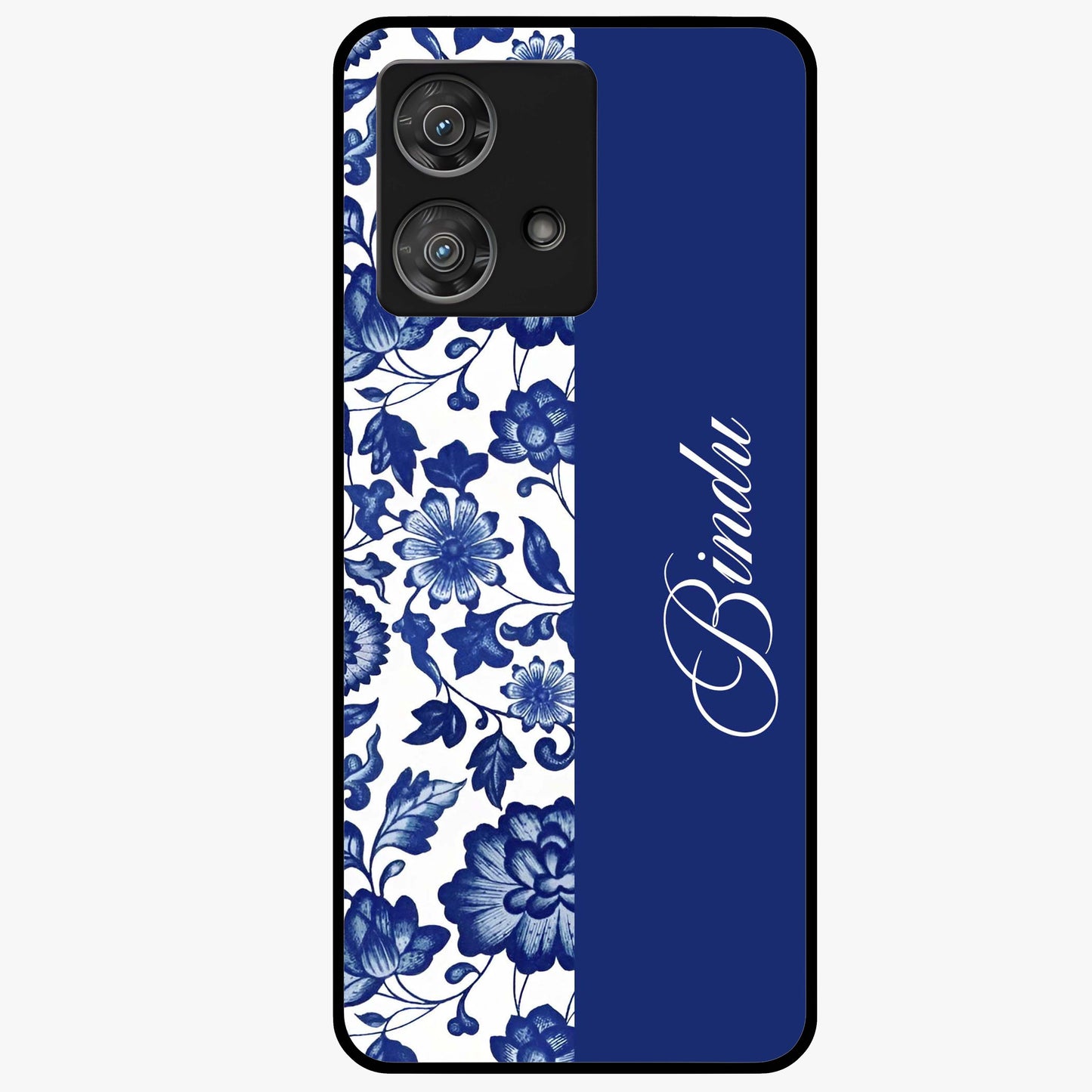 Blue Vintage Floral Pattern Glass Case upright view showcasing timeless floral illustration with vintage inspired style.