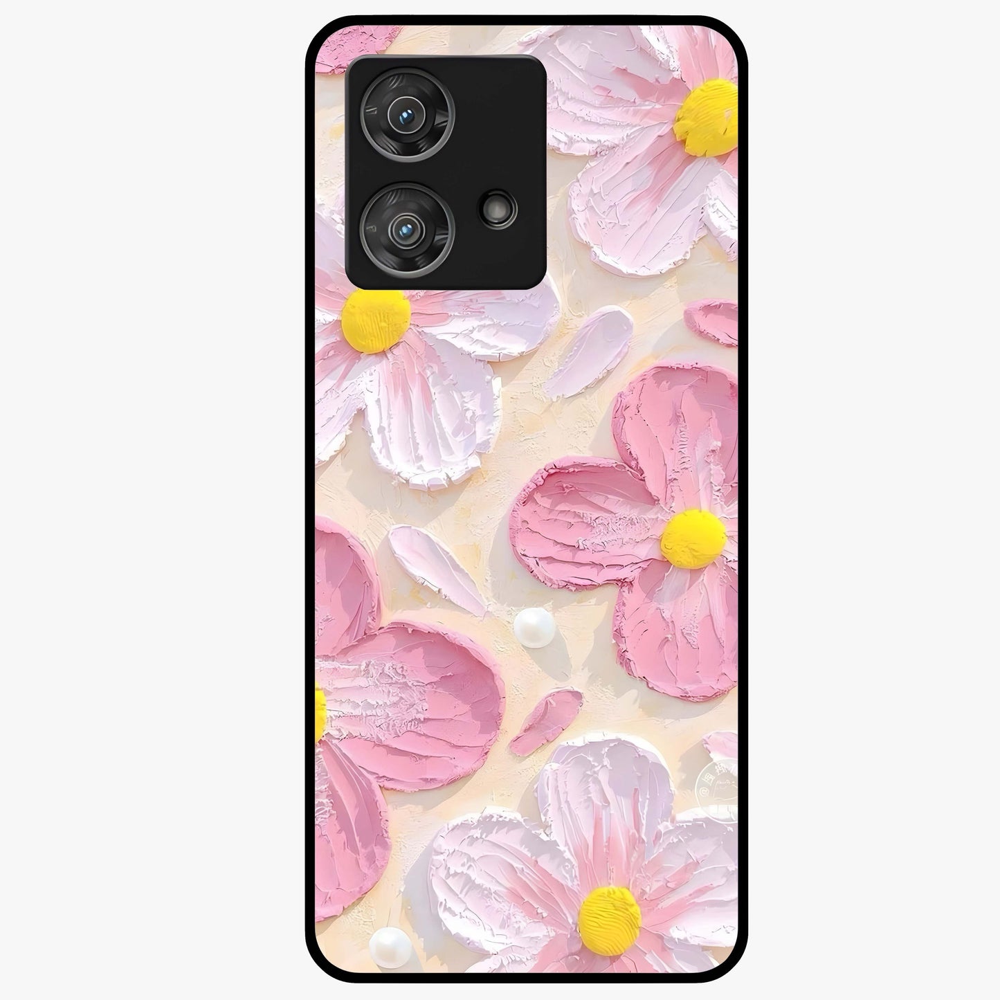 Blush Bloom Texture Glass Case showing flat back view with soft blush floral texture artwork and glossy glass finish.