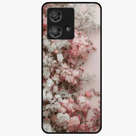Blush Blossom Cloud Glass Case showing flat back view with dreamy blush cloud blossom artwork and glossy glass finish.