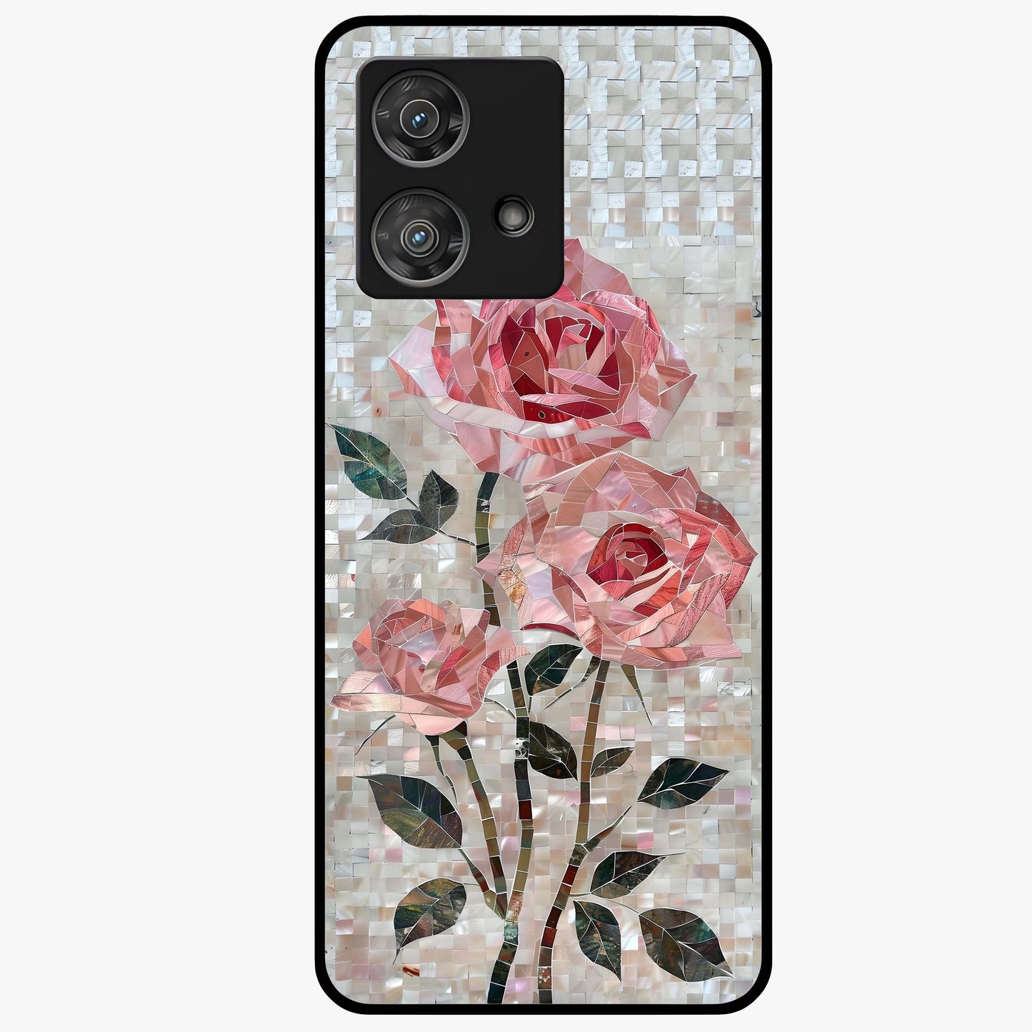 Blush Mosaic Bloom Glass Case showing flat back view with mosaic floral bloom artwork and glossy glass finish.