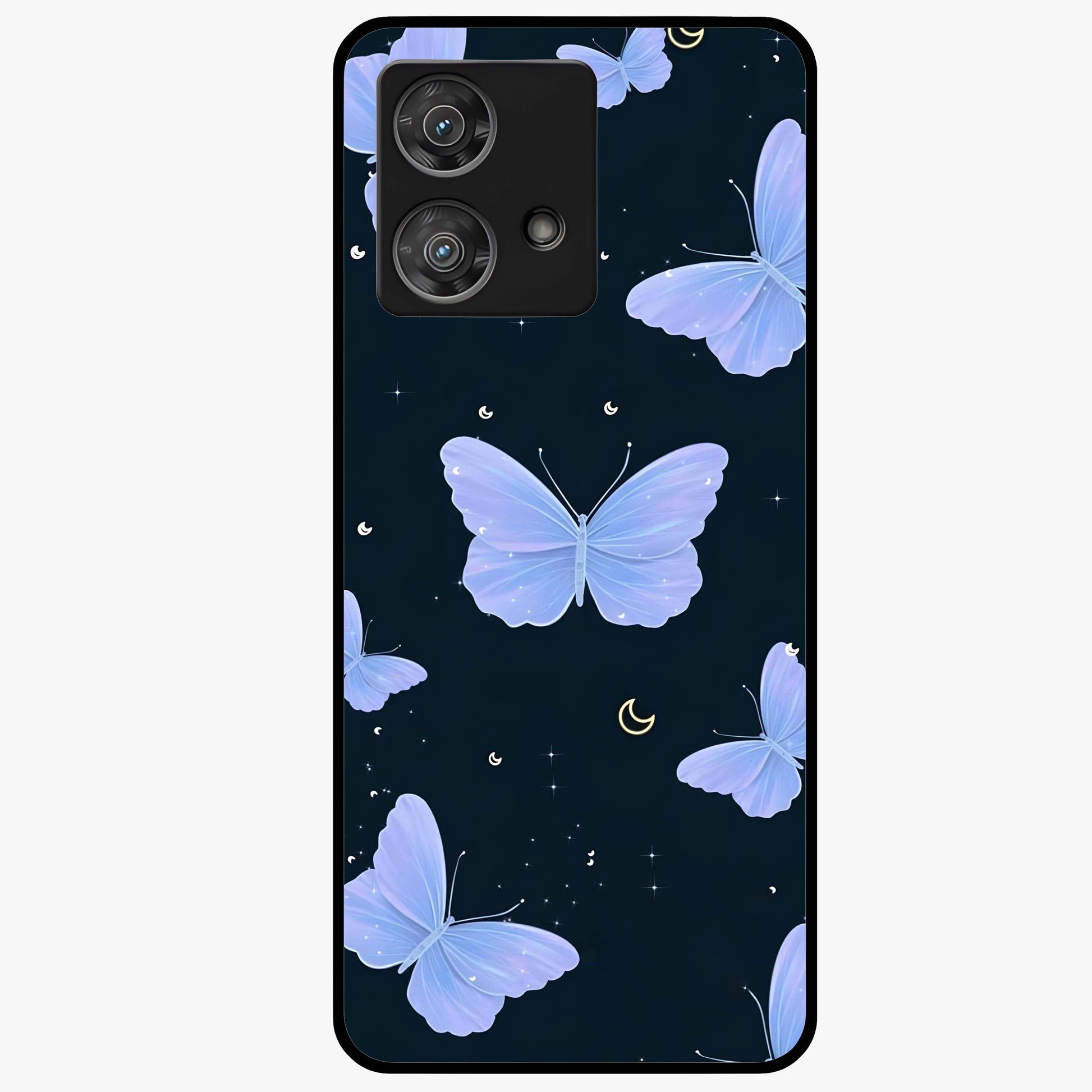 Butterfly With Stars Pattern Glass Case showing flat back view with butterfly and star pattern artwork and glossy glass finish.