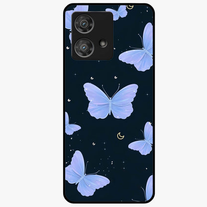 Butterfly With Stars Pattern Glass Case showing flat back view with butterfly and star pattern artwork and glossy glass finish.