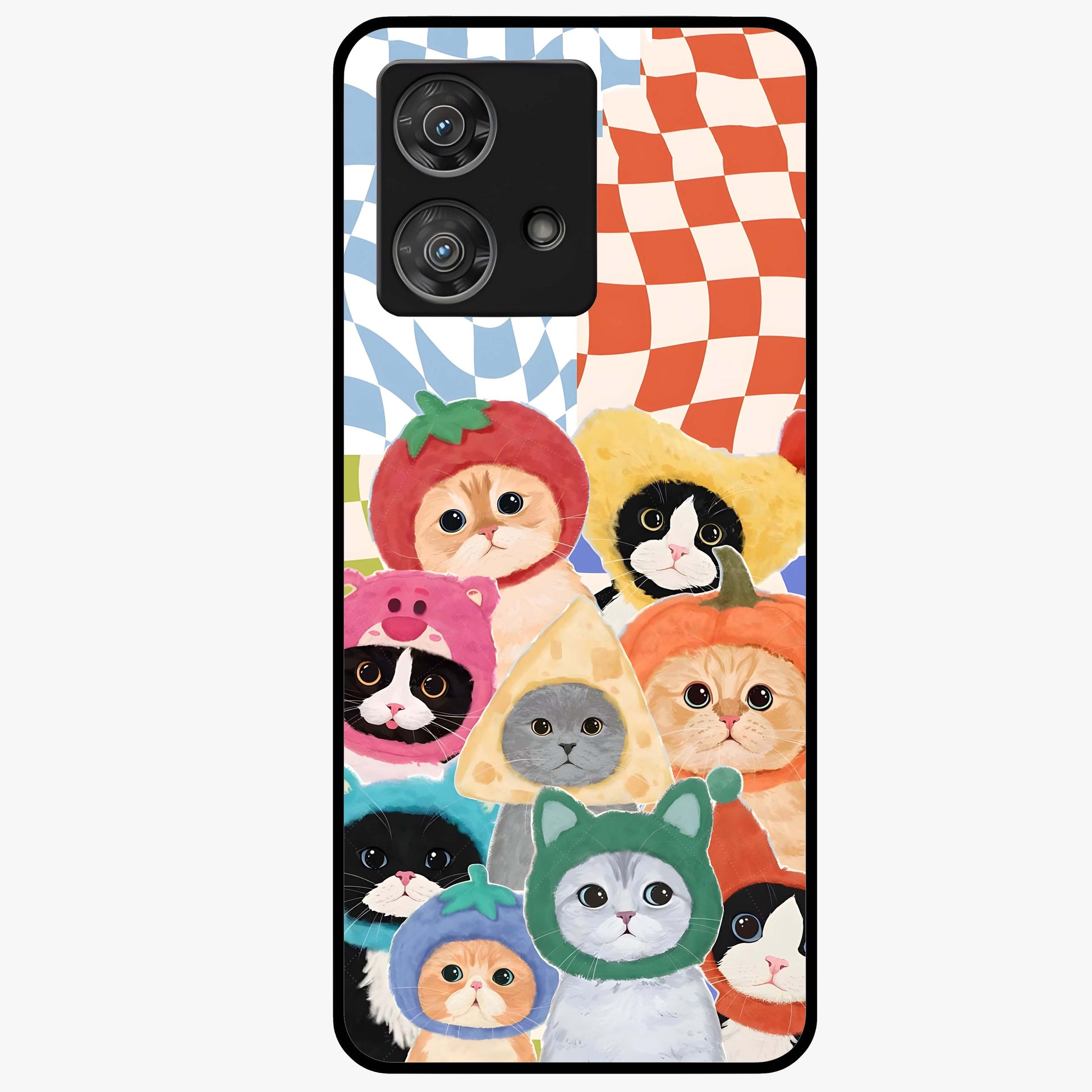 Cats in Fruits Glass Case showing flat back view with playful cat illustrations inside fruit artwork and glossy glass finish.