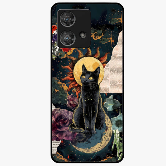 Celestial Black Cat Glass Case showing flat back view with mystical black cat artwork and glossy glass finish.