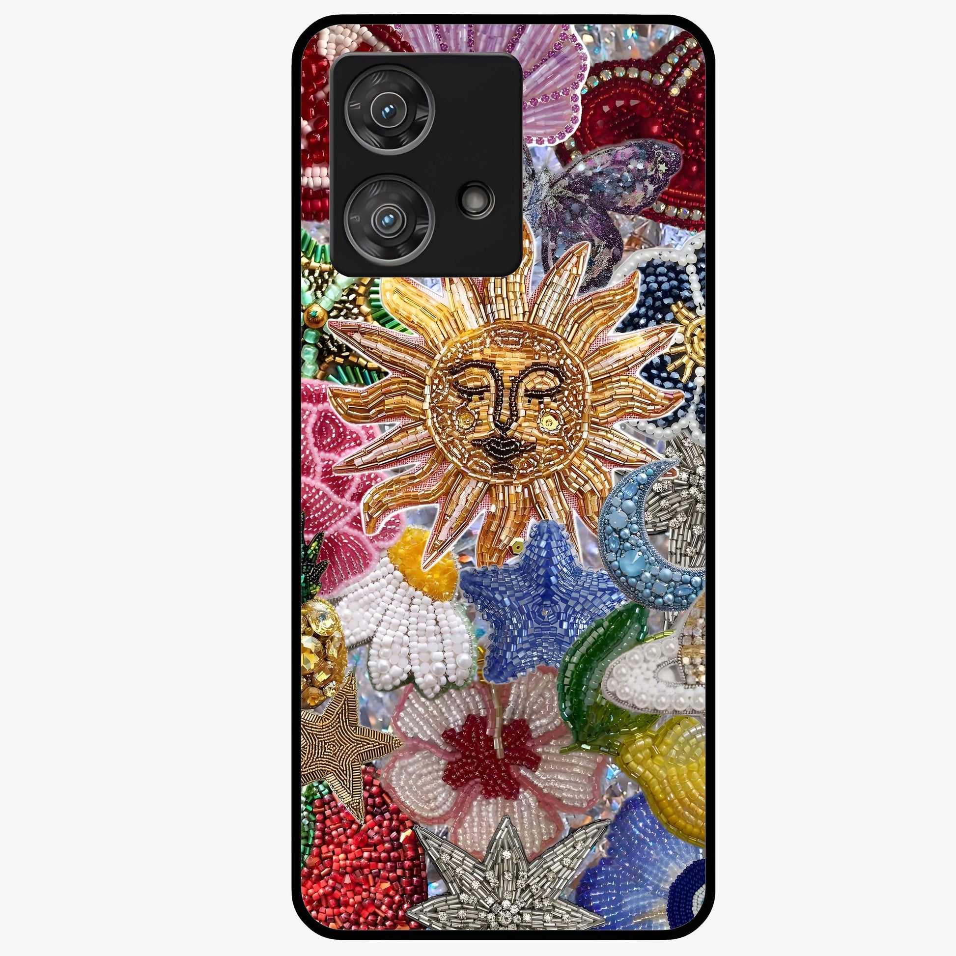 Celestial Floral and Playful Glass Case showing flat back view with floral and celestial themed artwork and glossy glass finish.