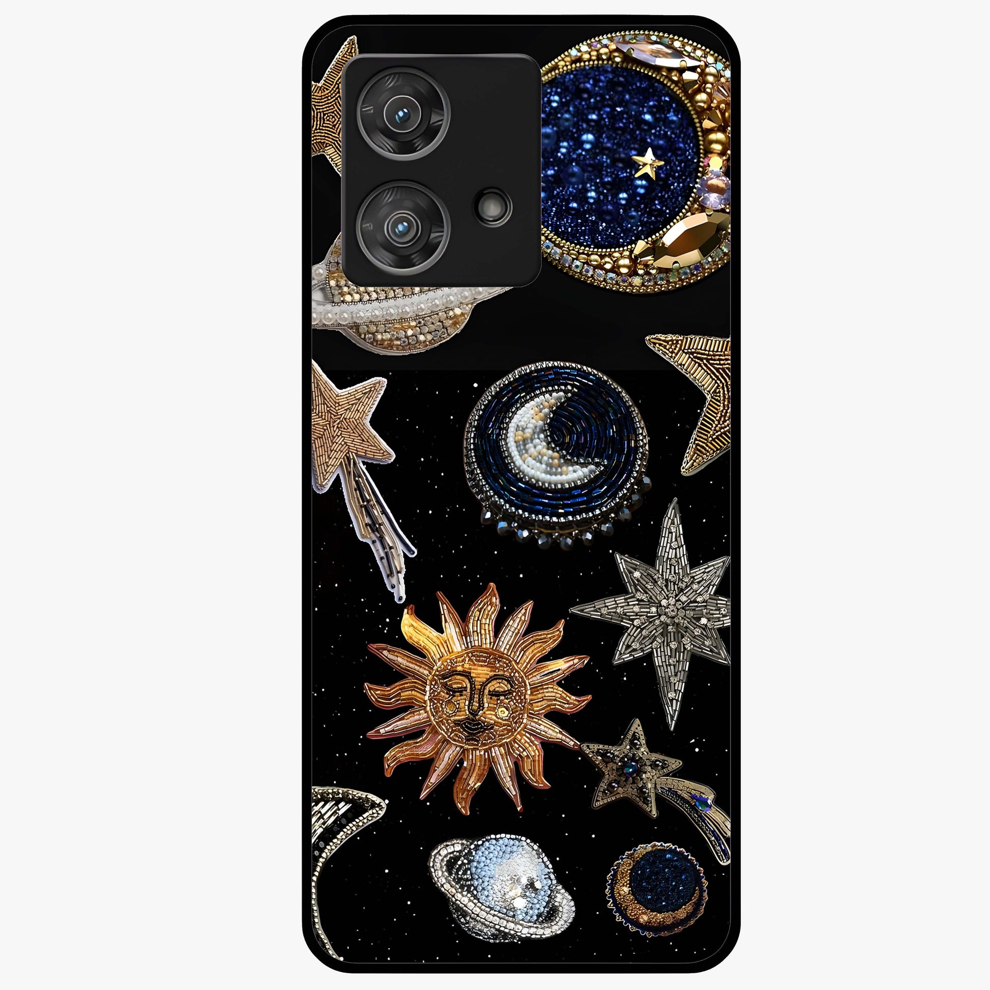 Celestial Gem Constellations Glass Case showing flat back view with sparkling constellation artwork and glossy glass finish.