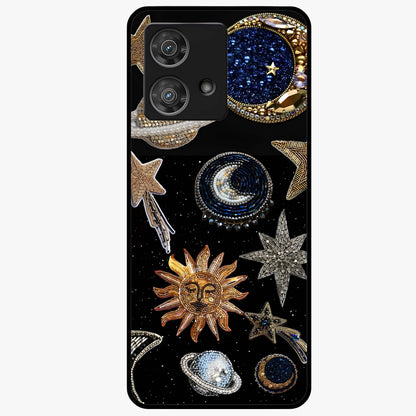 Celestial Gem Constellations Glass Case showing flat back view with sparkling constellation artwork and glossy glass finish.