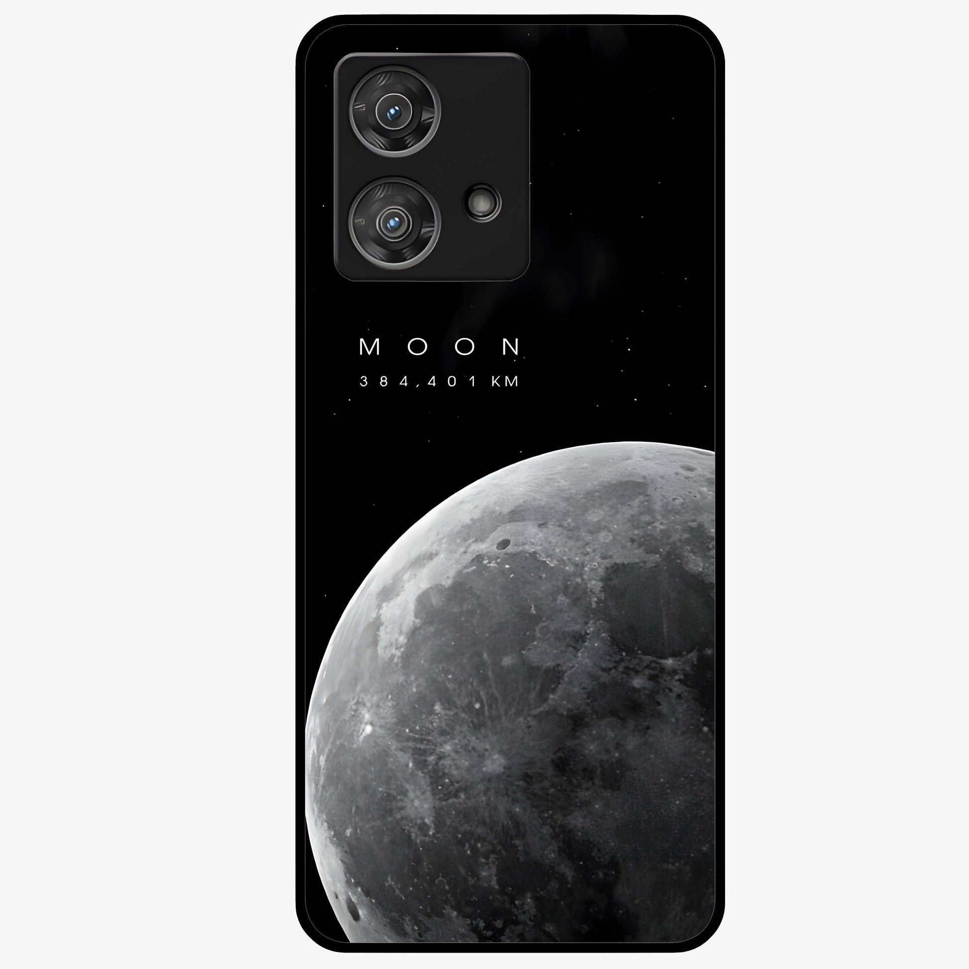 Cosmic Moon Glow Glass Case showing flat back view with glowing moon artwork and glossy glass finish.