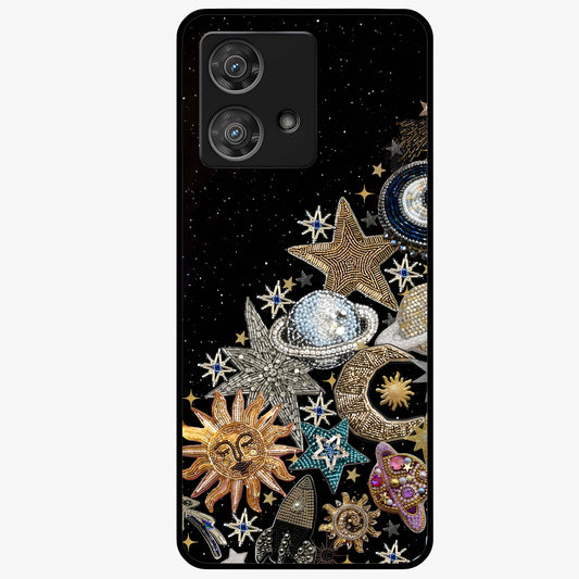 Cosmic Sparkle Dreams Glass Case showing flat back view with sparkling cosmic artwork and glossy glass finish.