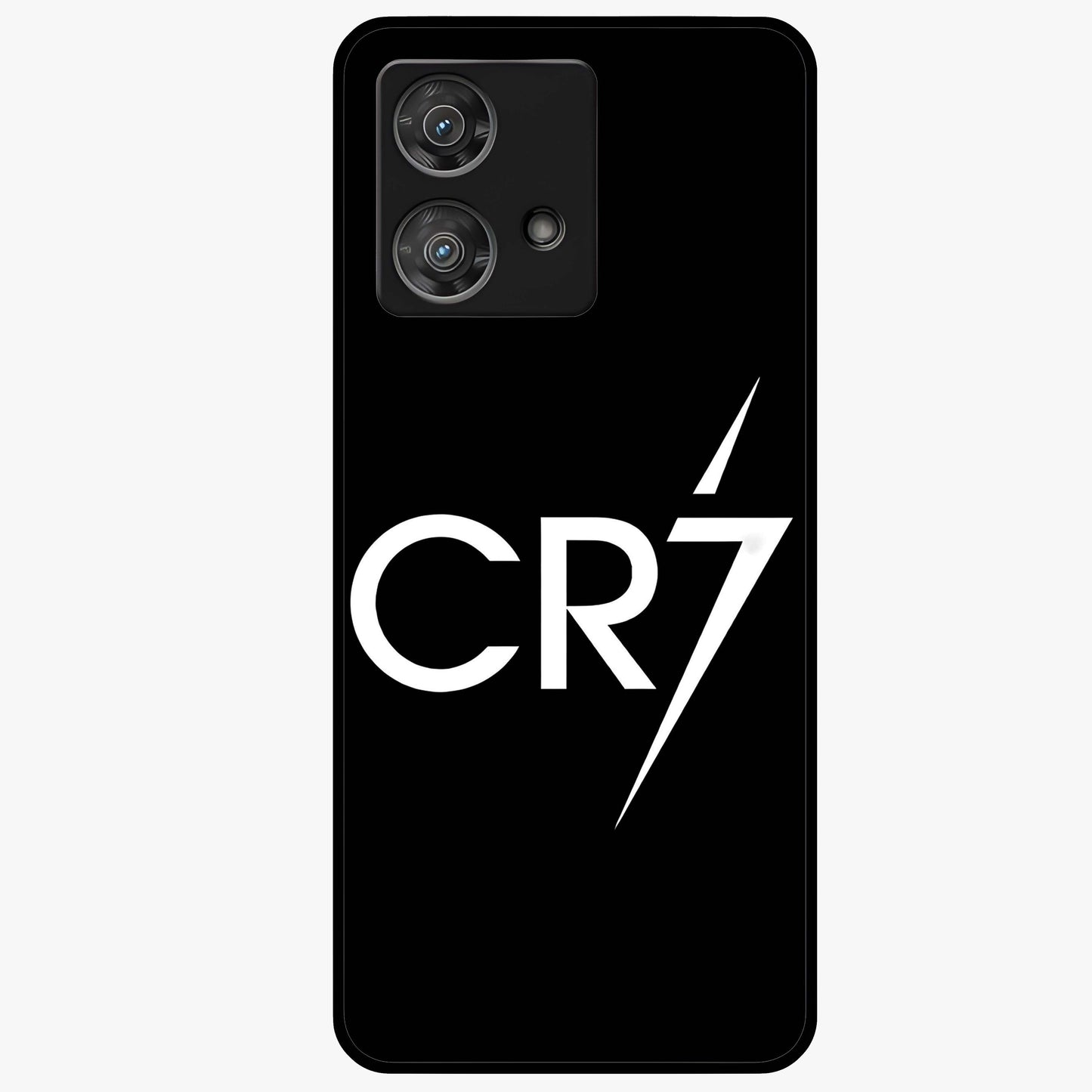 Cr7 Elite Strike Glass Case showing flat back view with dynamic football inspired artwork and glossy glass finish.