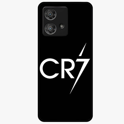 Cr7 Elite Strike Glass Case showing flat back view with dynamic football inspired artwork and glossy glass finish.