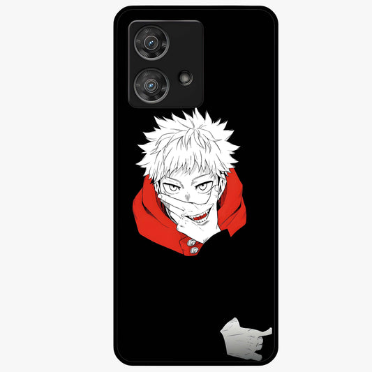 Crimson Chaos Smile Glass Case showing flat back view with bold chaotic smile artwork and glossy glass finish.