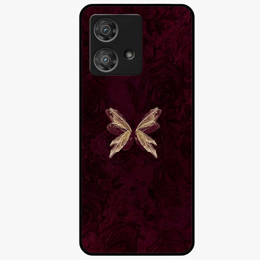 Crimson Fade Butterfly Glass Case showing flat back view with fading butterfly artwork and glossy glass finish.
