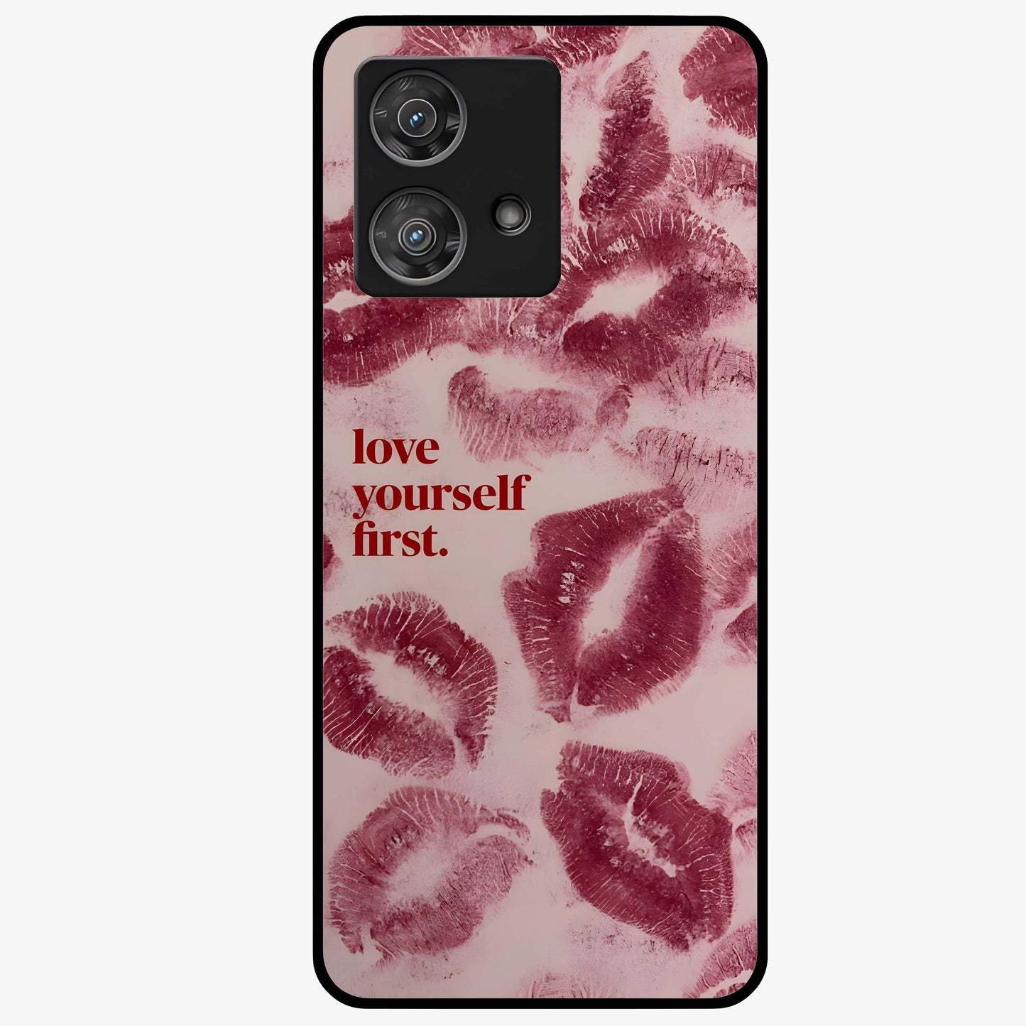 Crimson Kiss Love Glass Case showing flat back view with romantic crimson themed artwork and glossy glass finish.