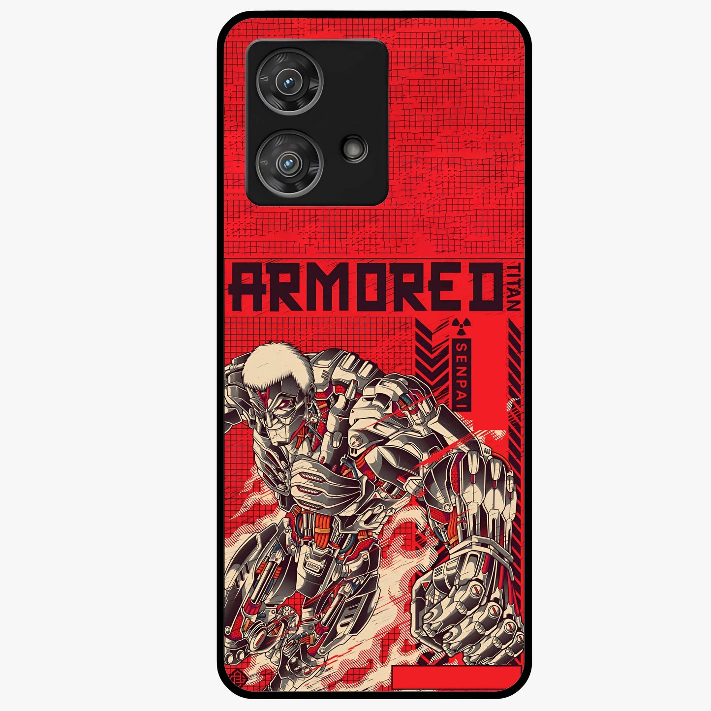 Crimson Mecha Titan Glass Case showing flat back view with powerful mech titan artwork and glossy glass finish.