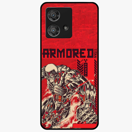 Crimson Mecha Titan Glass Case showing flat back view with powerful mech titan artwork and glossy glass finish.
