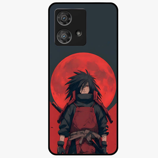 Crimson Moon Warlord Glass Case showing flat back view with mystical moon warrior artwork and glossy glass finish.