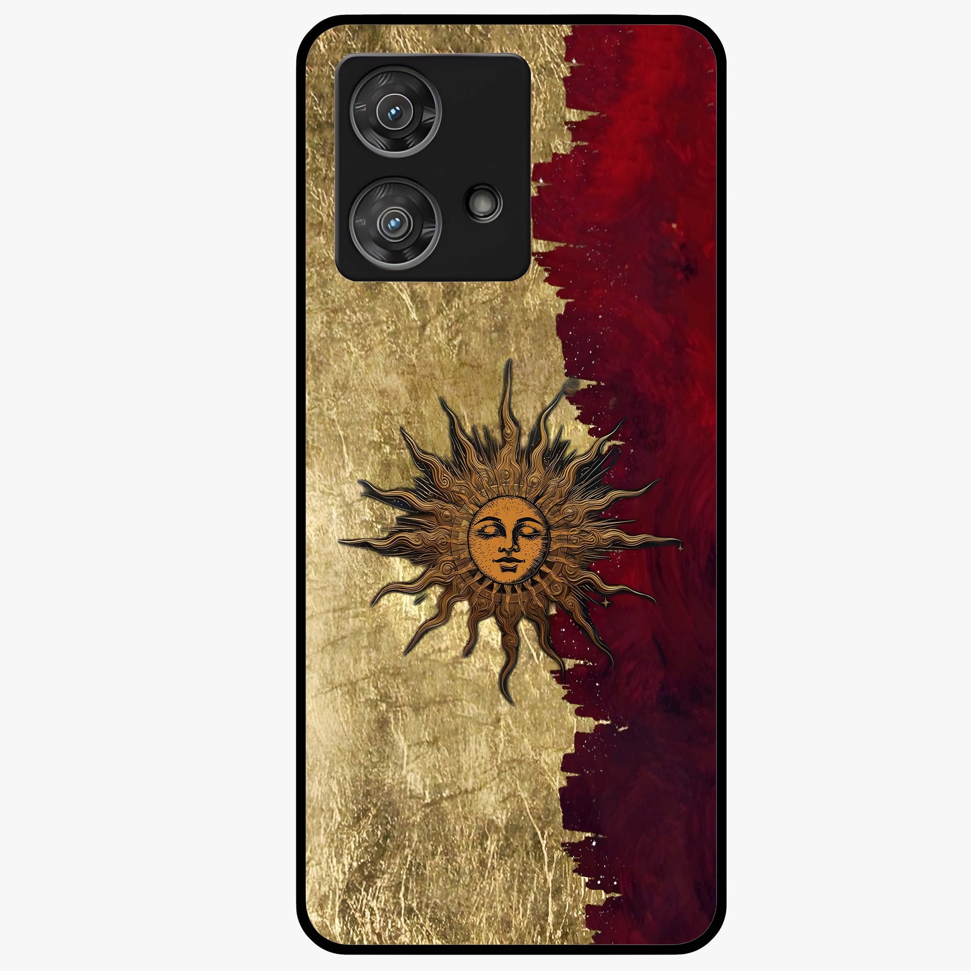 Crimson Sun Majesty Glass Case showing flat back view with radiant sun inspired artwork and glossy glass finish.