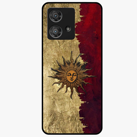 Crimson Sun Majesty Glass Case showing flat back view with radiant sun inspired artwork and glossy glass finish.