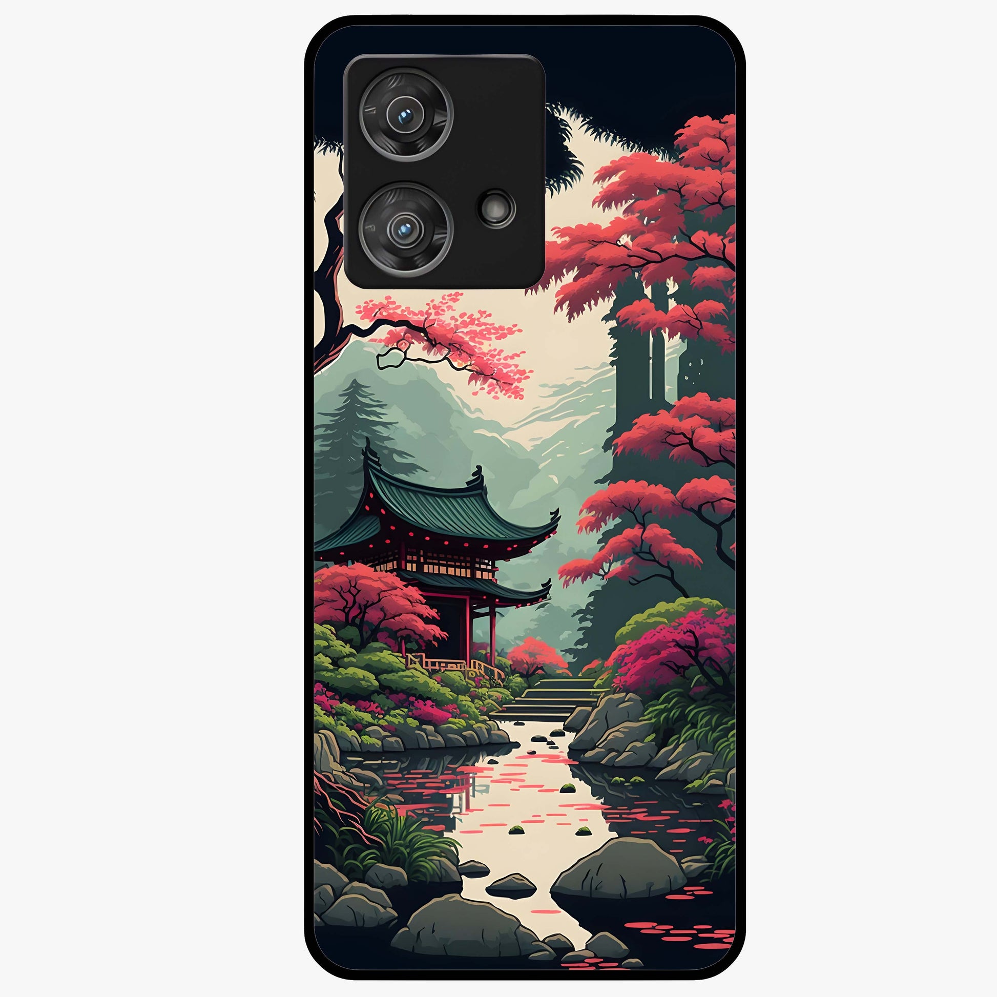 Crimson Temple View Glass Case showing flat back view with temple inspired artwork and glossy glass finish.