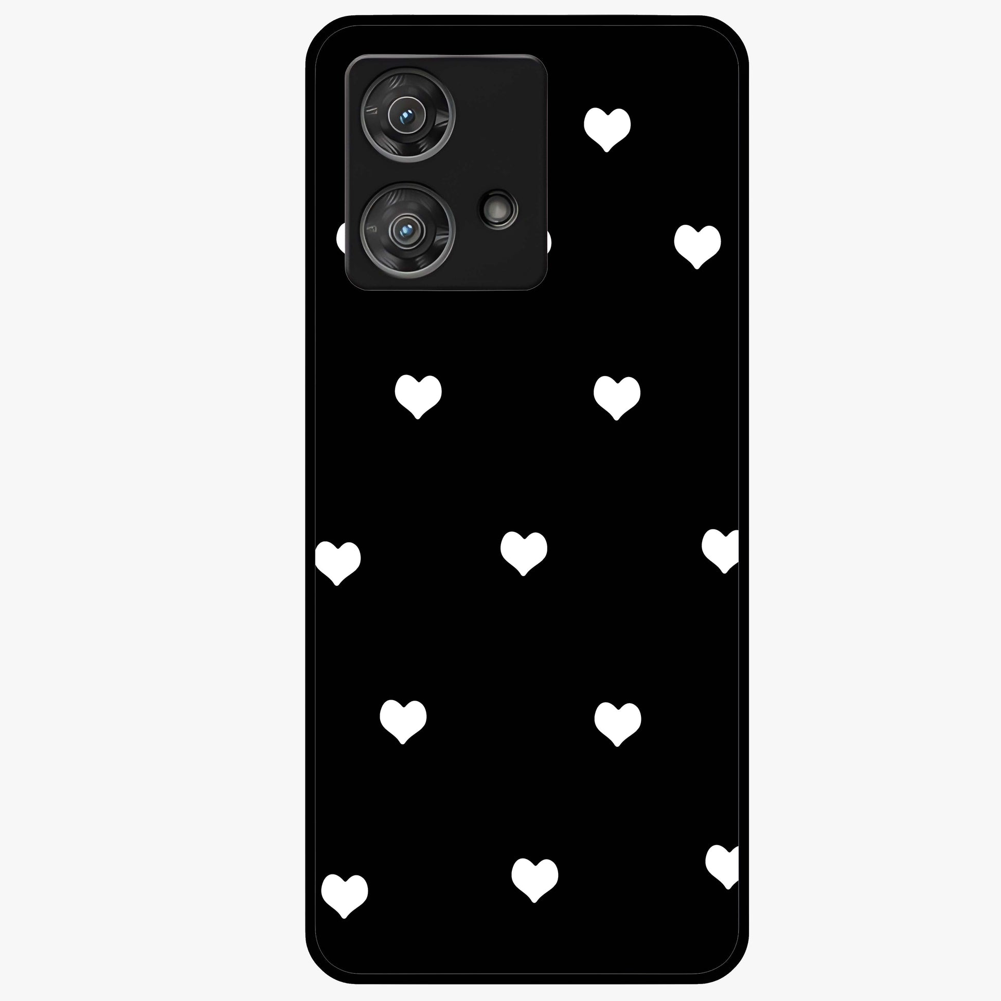 Cute And Simple White Hearts Glass Case showing flat back view with minimal white heart pattern and glossy glass finish.