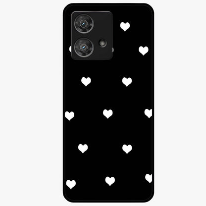 Cute And Simple White Hearts Glass Case showing flat back view with minimal white heart pattern and glossy glass finish.