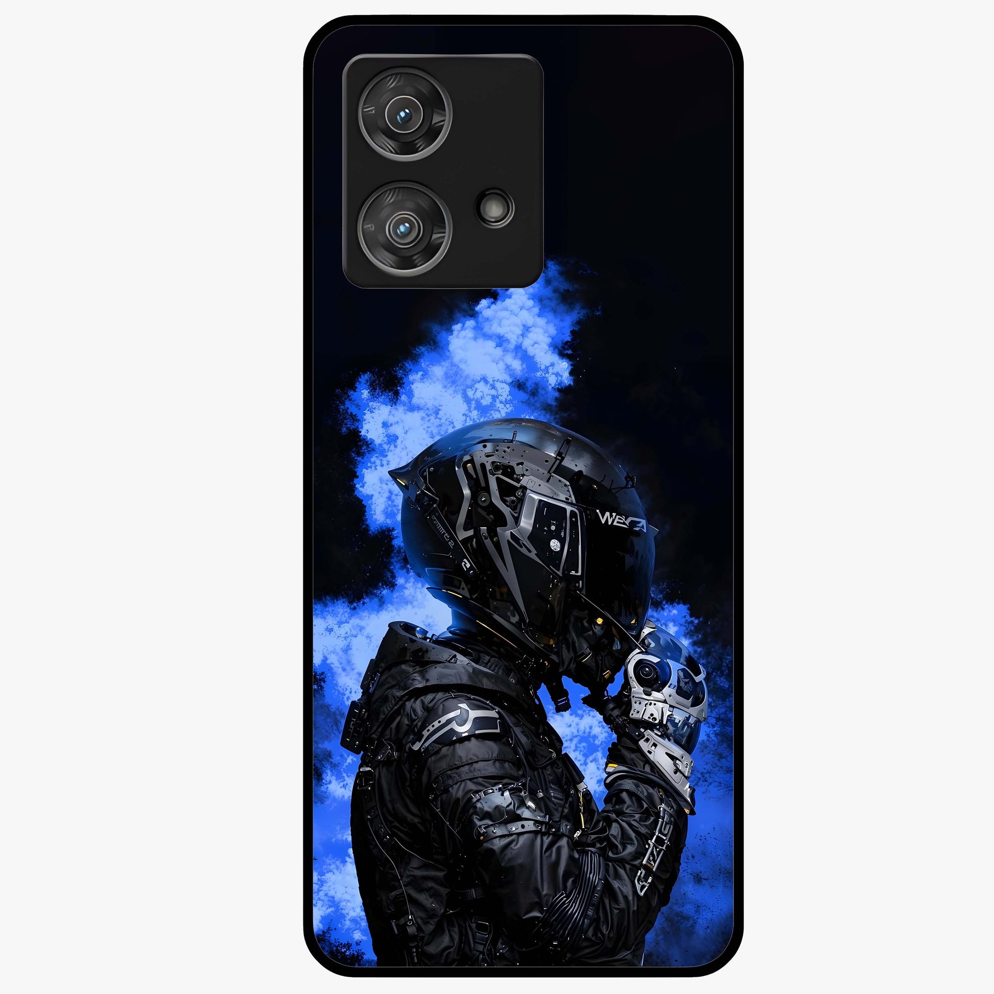 Cyber Sentinel Protocol Glass Case showing flat back view with futuristic cyber themed artwork and glossy glass finish.
