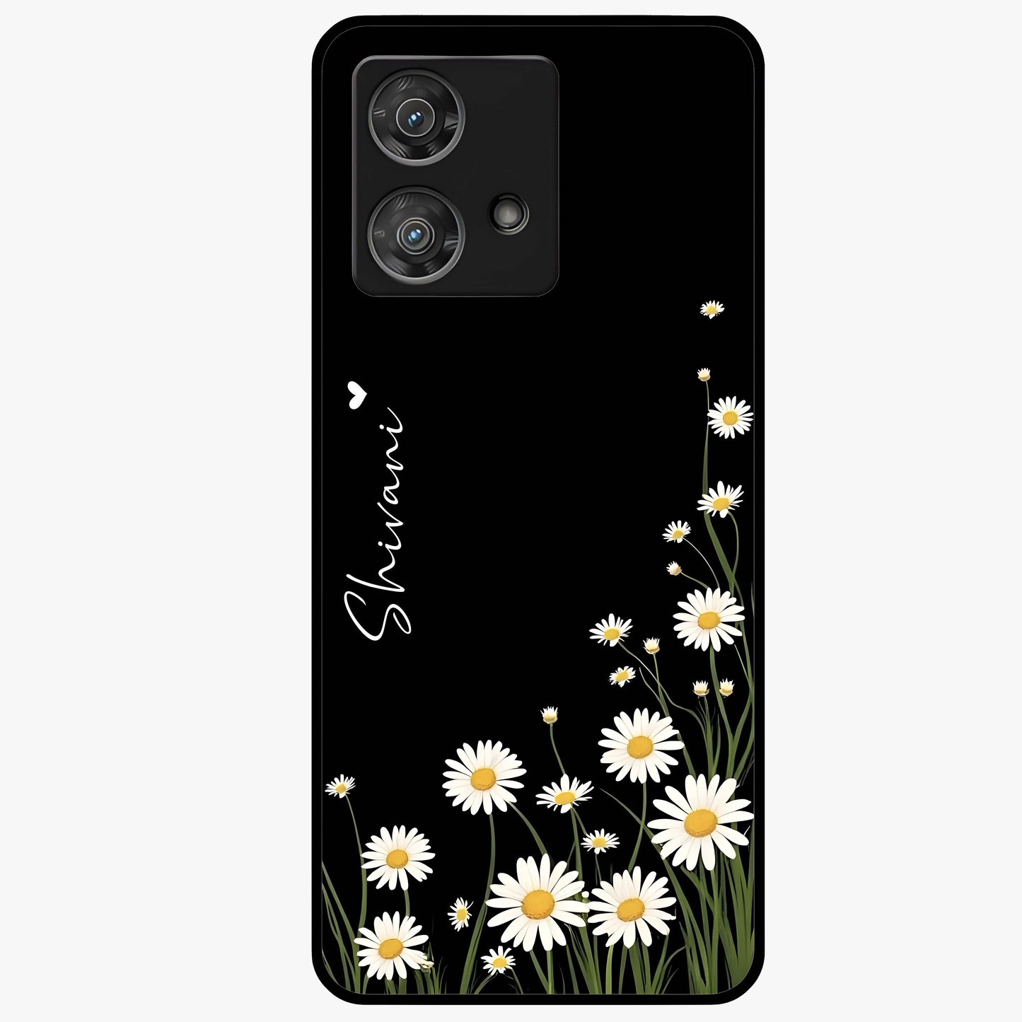 Daisy Cascade Custom Name Glass Case showing flat back view with cascading daisy flowers and personalized name design.
