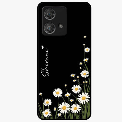 Daisy Cascade Custom Name Glass Case showing flat back view with cascading daisy flowers and personalized name design.