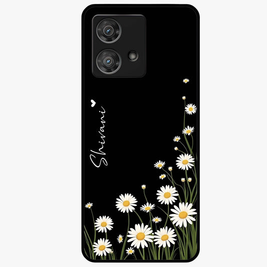 Daisy Cascade Custom Name Glass Case showing flat back view with cascading daisy flowers and personalized name design.
