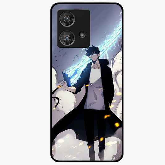 Dark Lightning Anime Warrior Glass Case showing flat back view with intense anime warrior artwork and glossy glass finish.