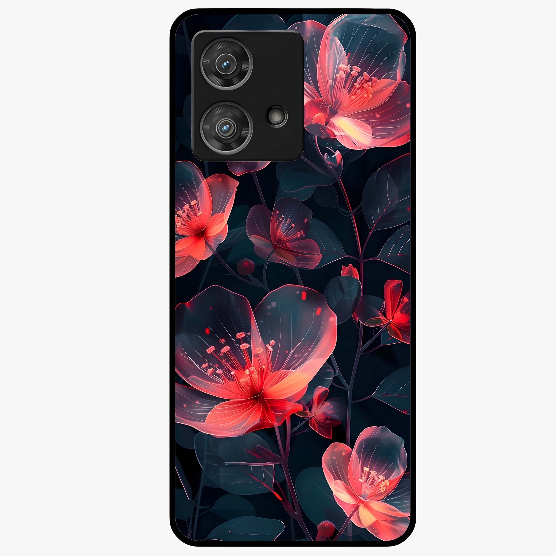 Dark Shade of Flower Glass Case showing flat back view with elegant dark floral artwork and glossy glass finish.